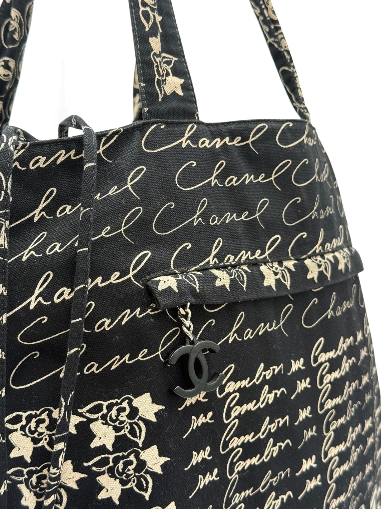 Chanel Vintage 00s Black Canvas Coco Cambon Logo Tote Shoulder Bag