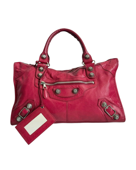 Balenciaga Rubisse Red Leather Giant 21 Silver Work Motocross City Bag
