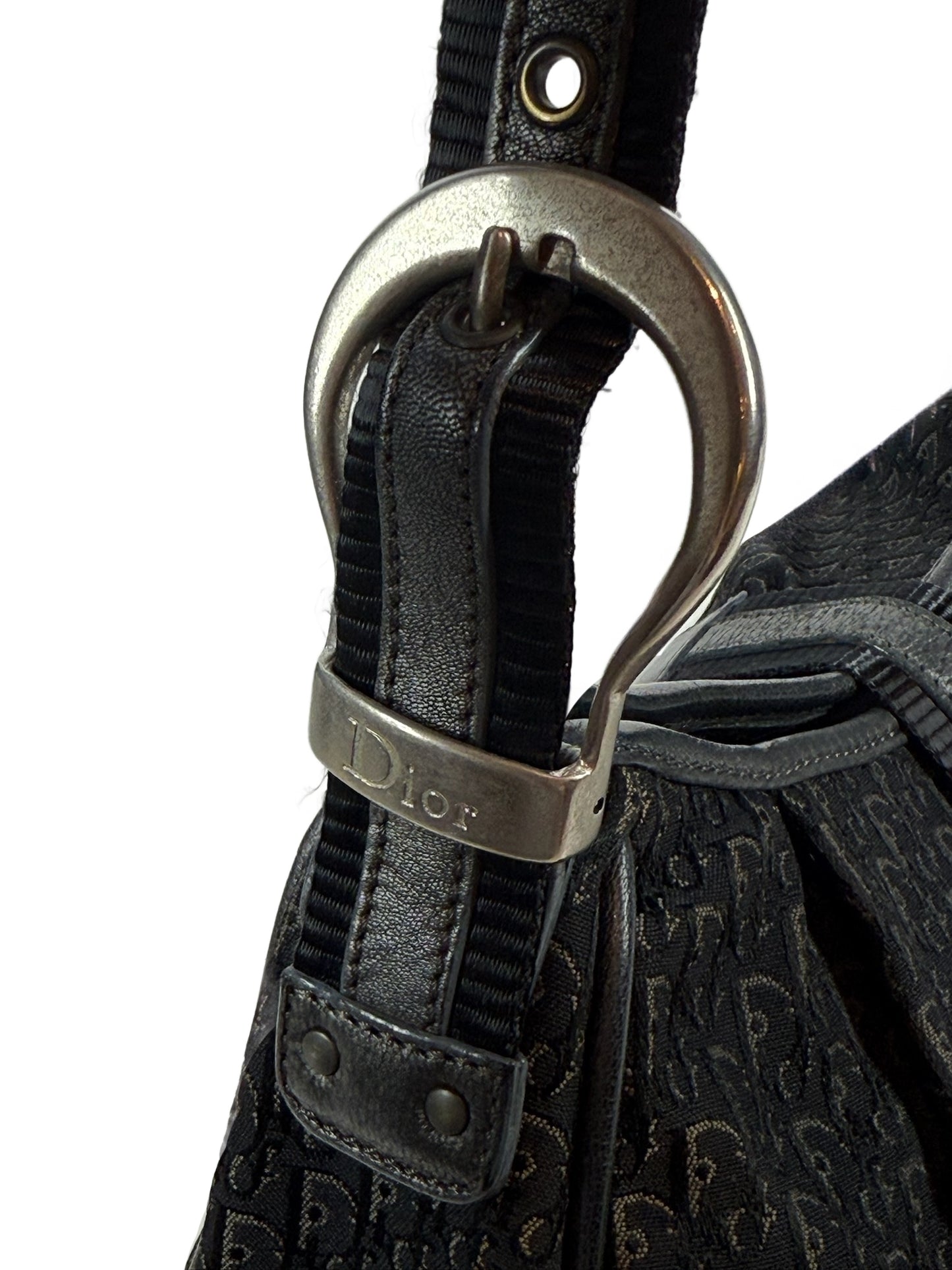 Dior Vintage Black Trotter Monogram Saddle Buckle Small Hobo Shoulder Bag