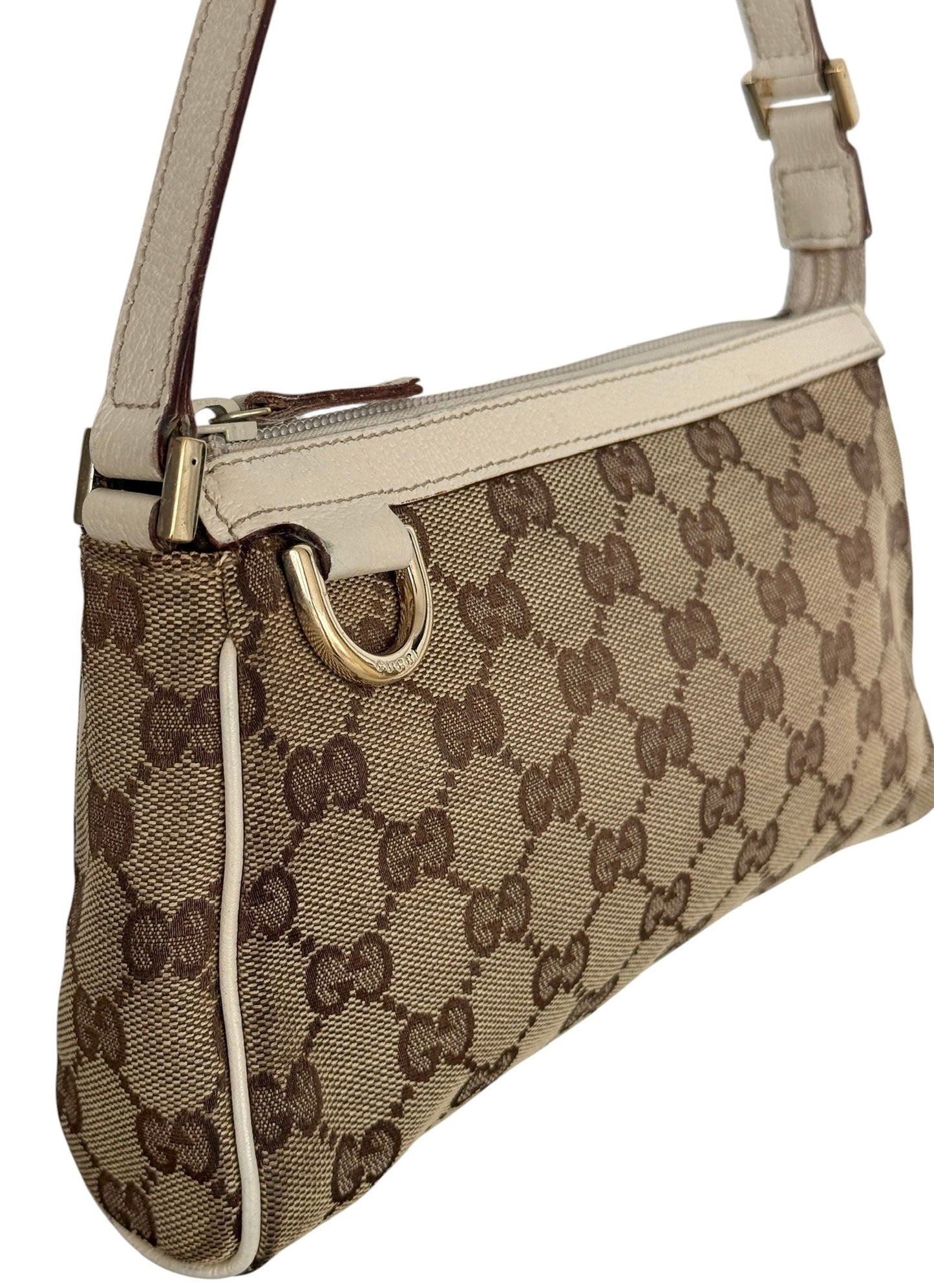 Gucci Vintage Brown GG Monogram Ivory Leather Trim Abbey Pochette