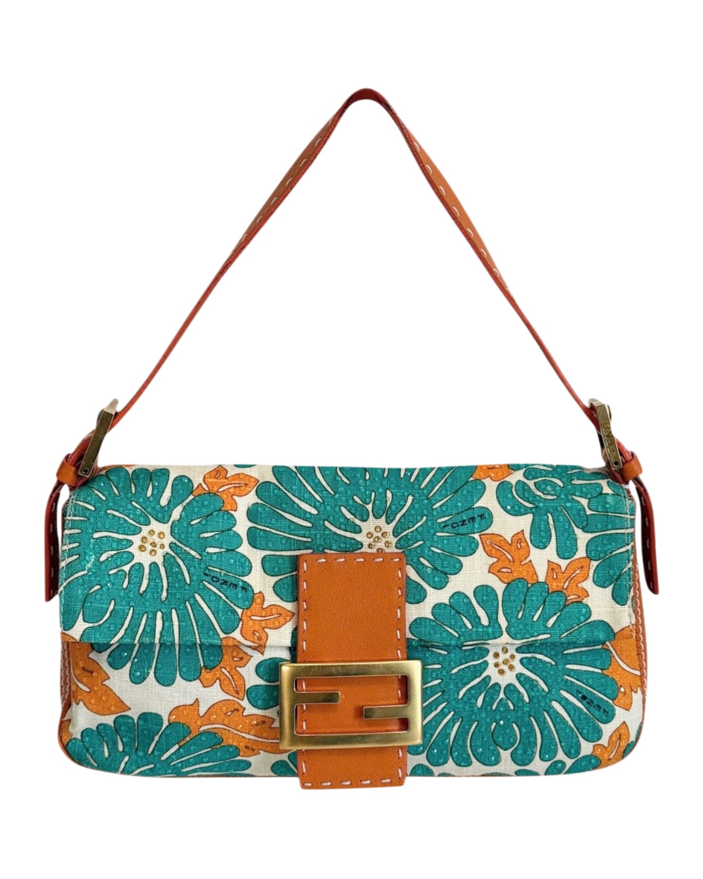 Fendi Vintage Turquoise & Orange Crystal Floral Selleria Leather Trim Shoulder Baguette Bag
