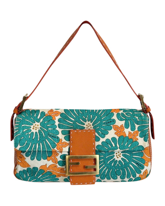 Fendi Vintage Turquoise & Orange Crystal Floral Selleria Leather Trim Shoulder Baguette Bag
