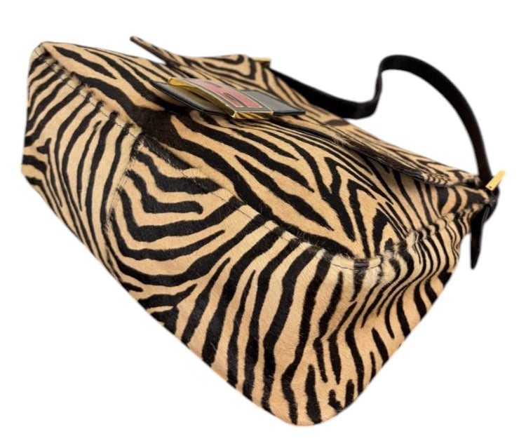 Fendi Vintage Beige Zebra Print Pony Hair Mamma Baguette Shoulder Bag with Red Enamel Trim