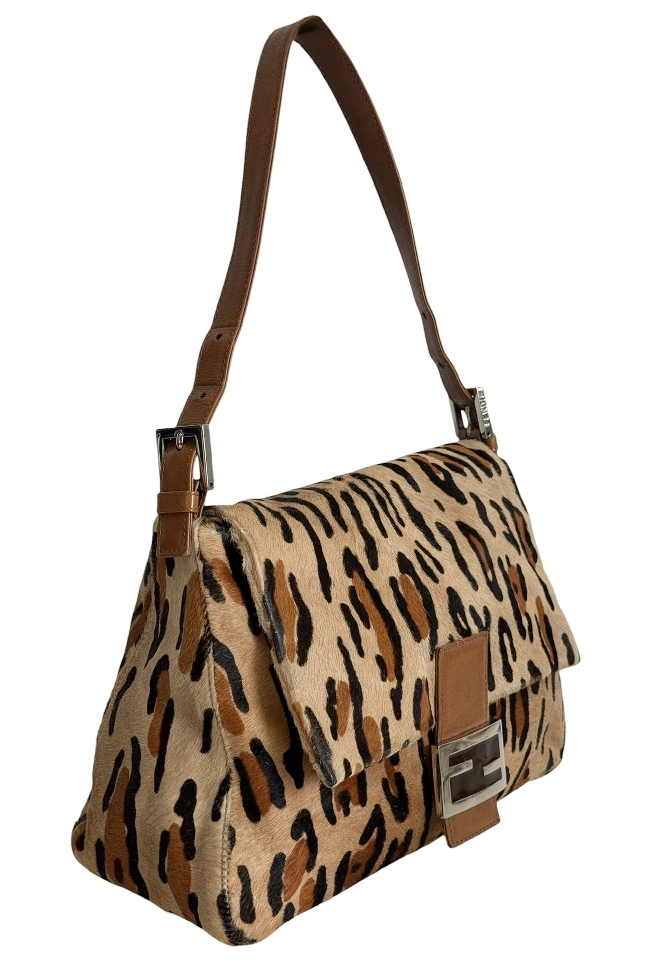 Fendi Vintage Light Brown Leopard Print Pony Hair Mamma Baguette Shoulder Bag