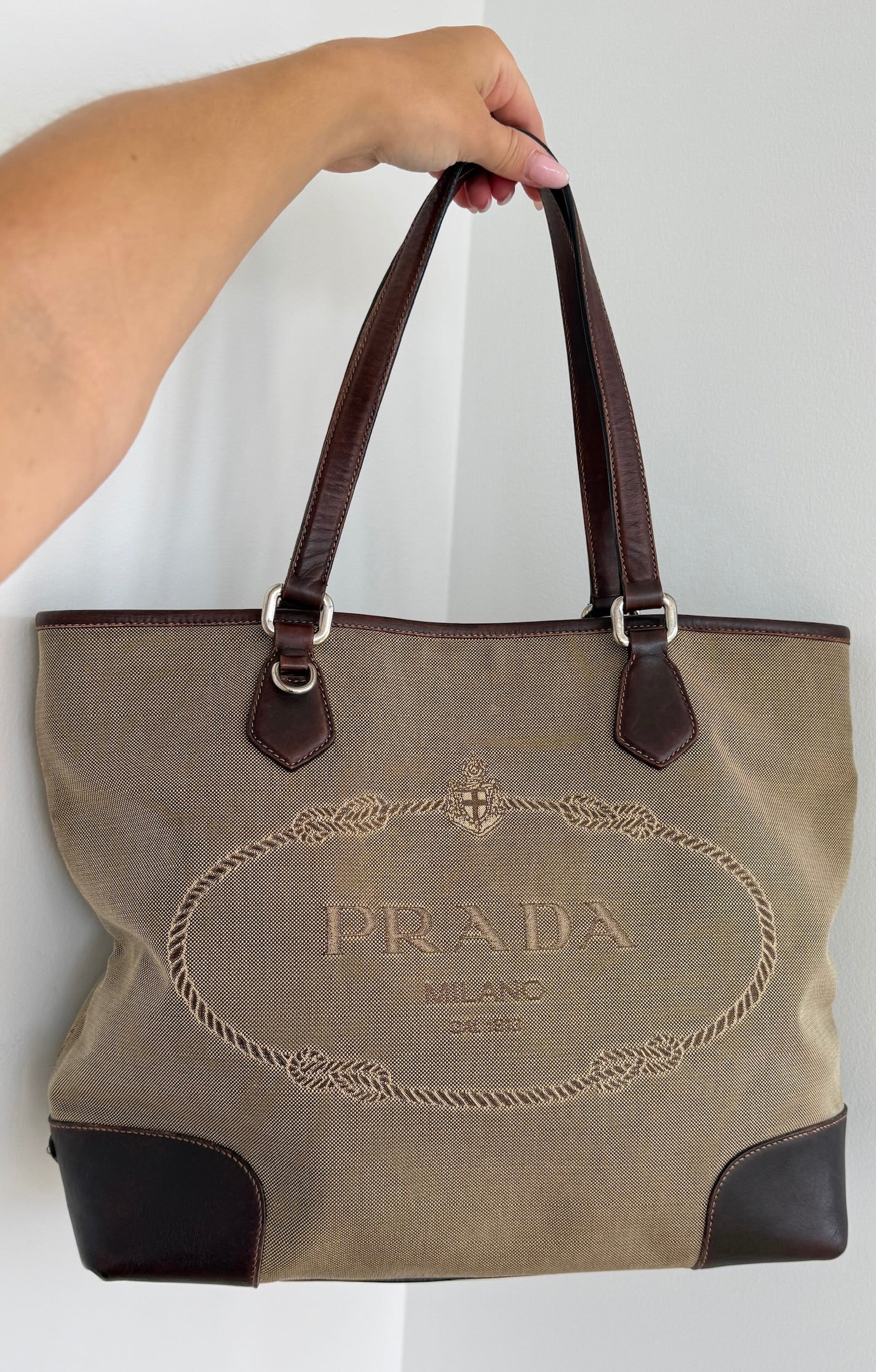 Prada Vintage Light Brown Jacquard Canapa Canvas Large Shoulder Tote Bag with Leather Trim 