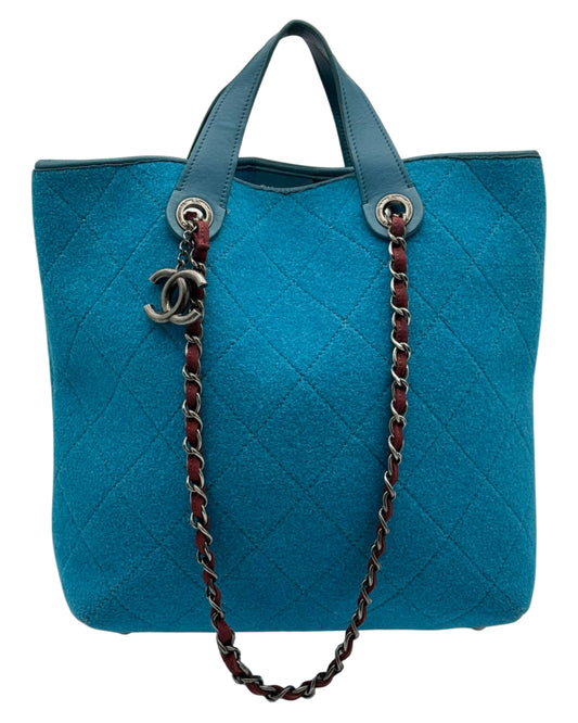 Chanel 2011 Blue Quilted Wool Two-Way CC Chain Shoulder Tote Bag
