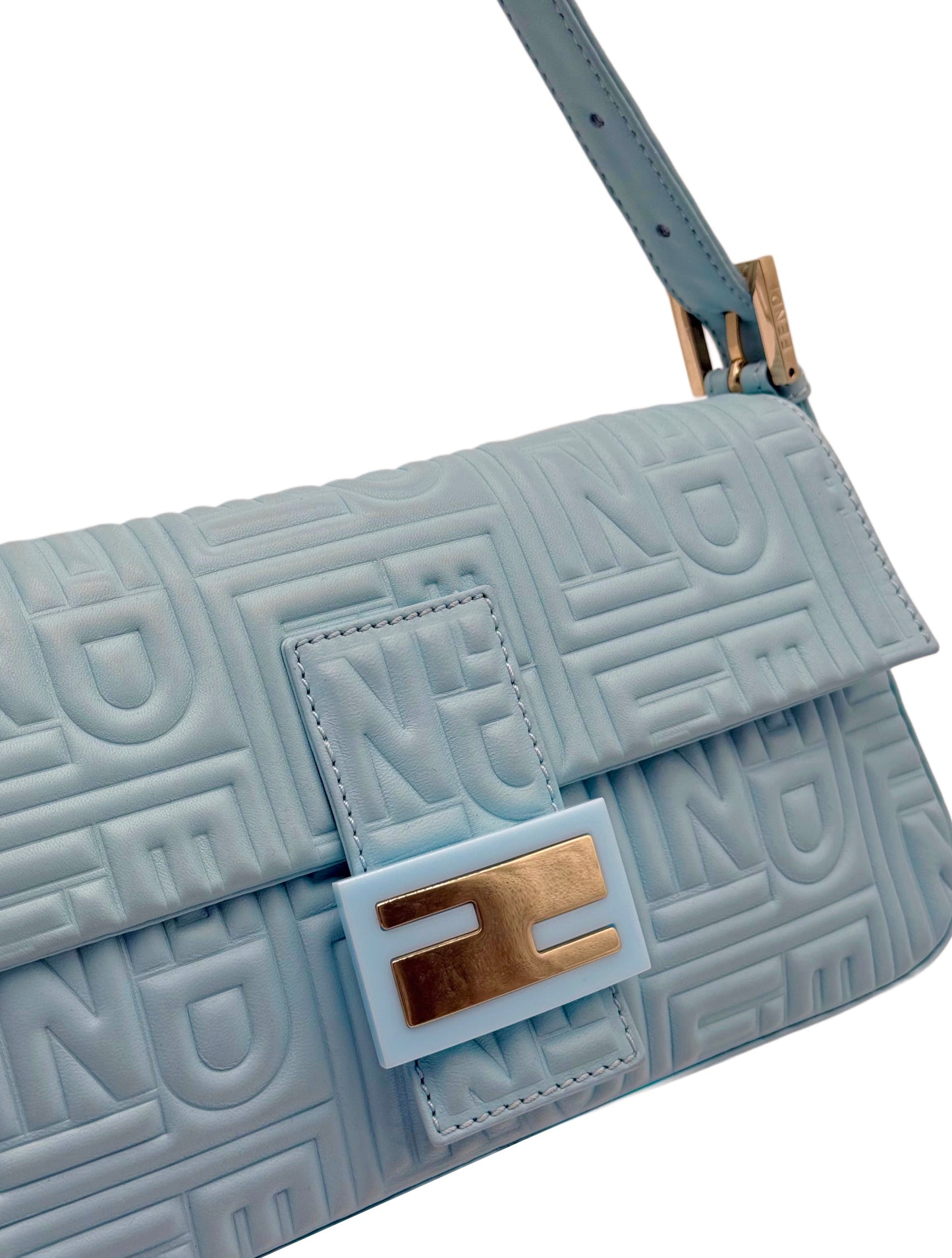 Fendi Vintage Blue Nappa Embossed Logo Leather Shoulder Baguette Bag