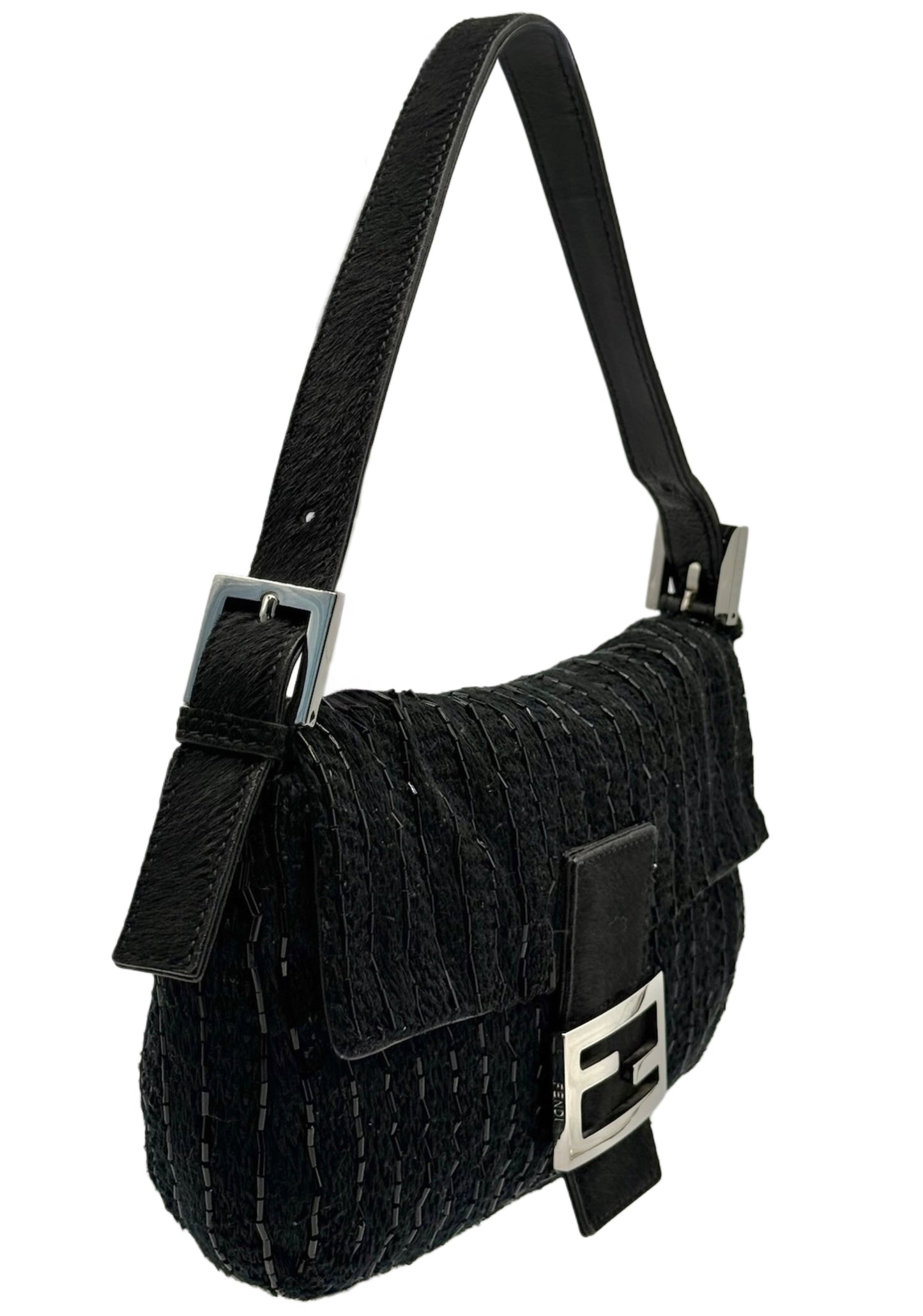 Fendi Vintage Black Knit Silver Beaded Shoulder Baguette Bag w Black Pony Hair Trim