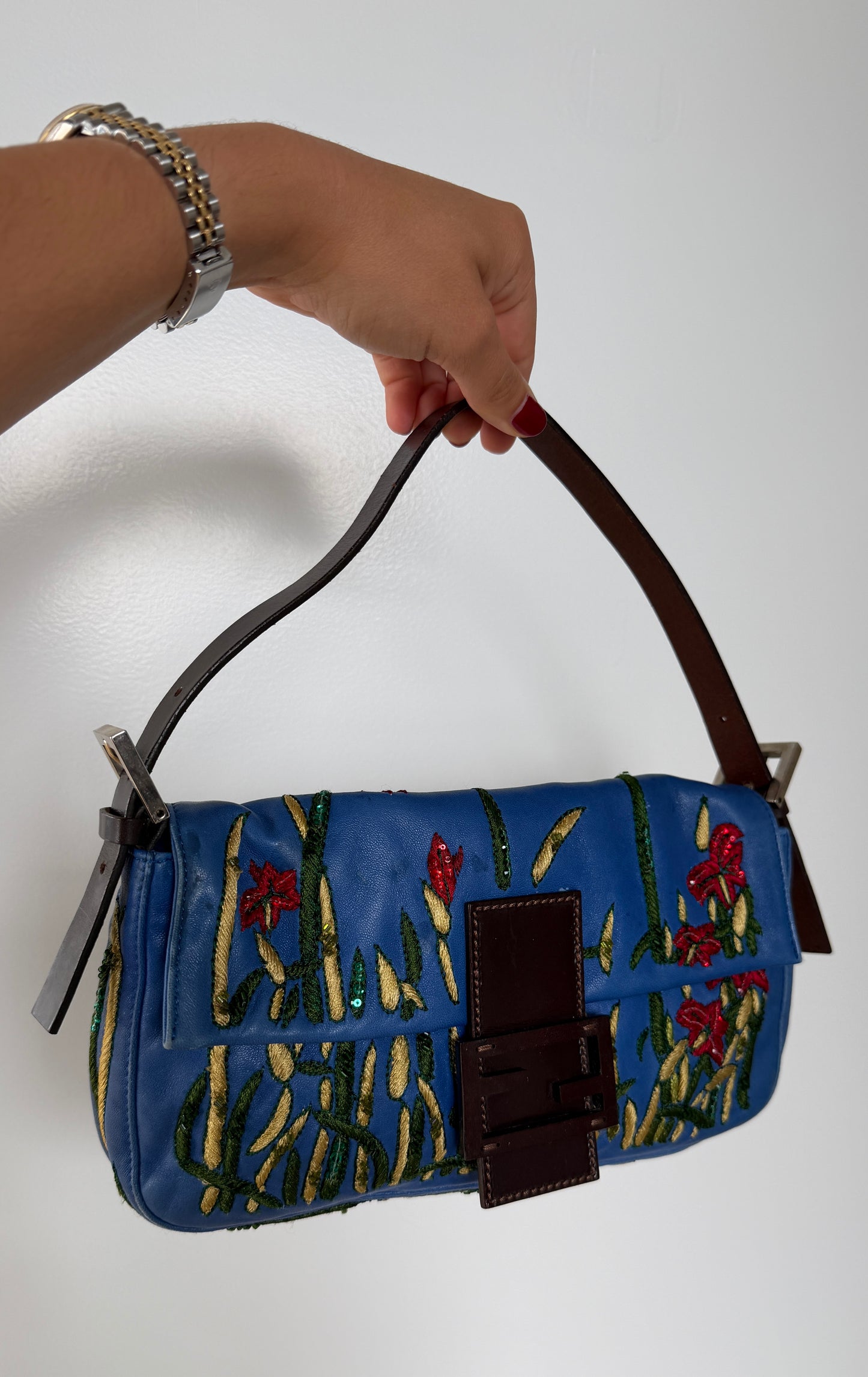 Fendi Vintage Blue Lambskin Floral Embroirdered Beaded Sequin Shoulder Baguette Bag 