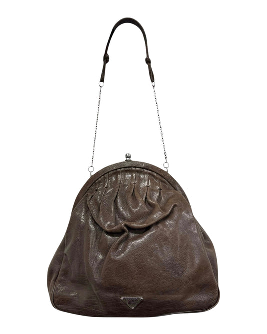 Prada Vintage Light Brown Calfskin Gathered Kisslock Clutch Chain Bag