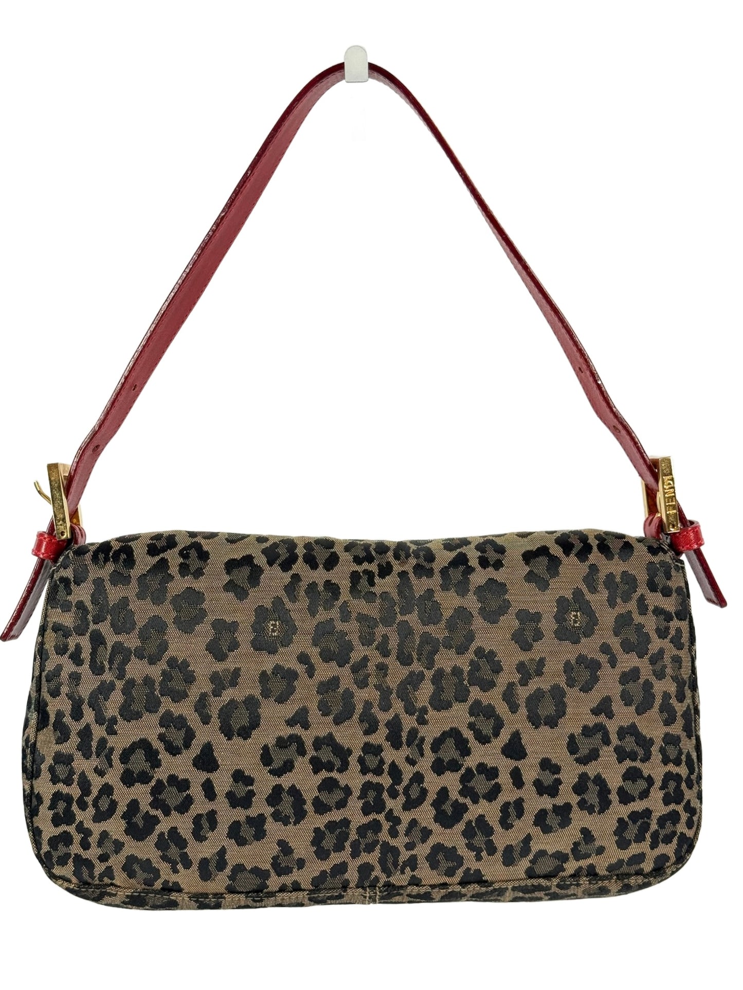 Fendi Vintage Brown Leopard Canvas Red Leather Trim Baguette