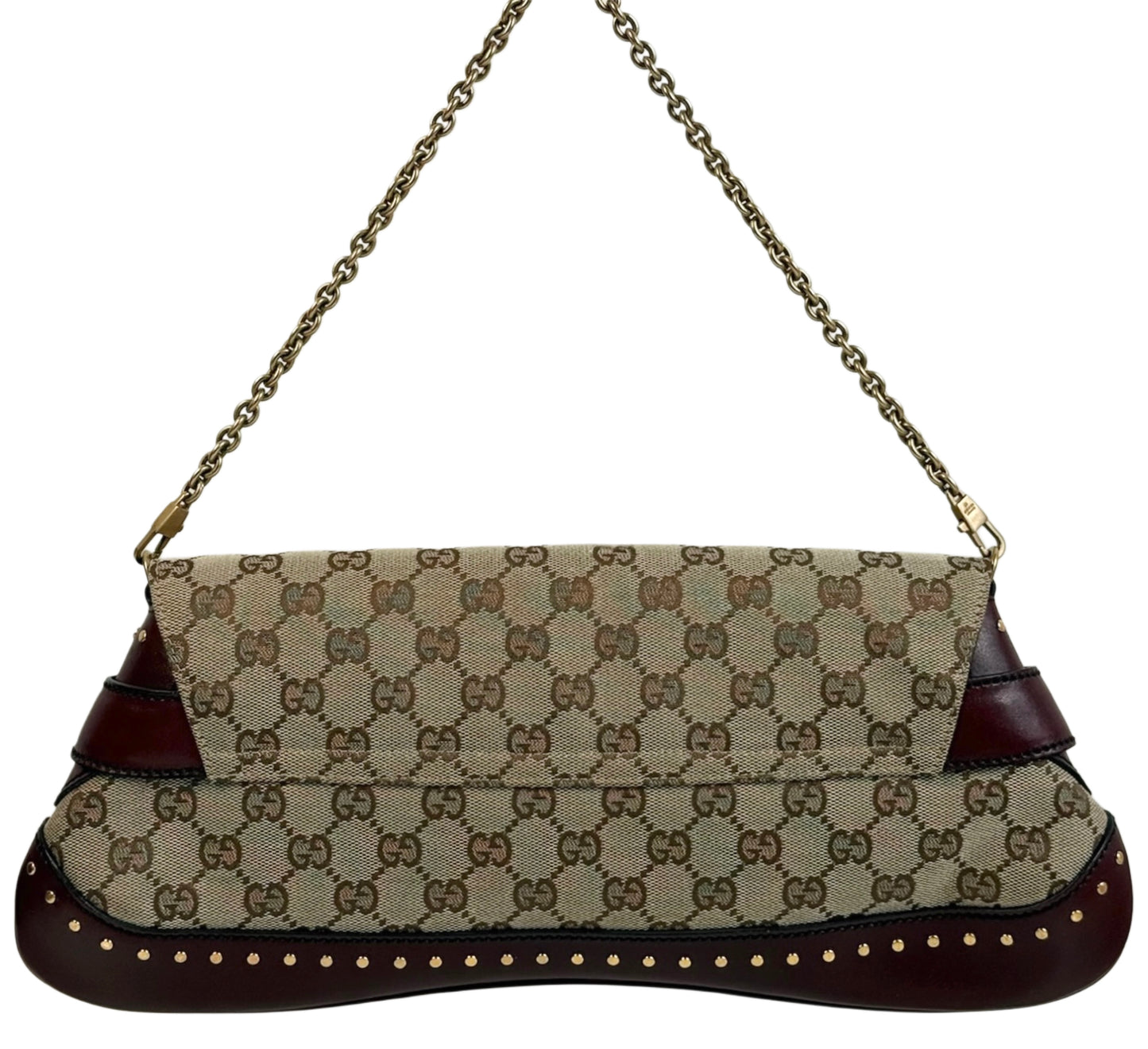 Gucci Vintage Brown GG Monogram Burgundy Studded Leather Trim Horsebit Large Chain Shoulder Clutch Bag
