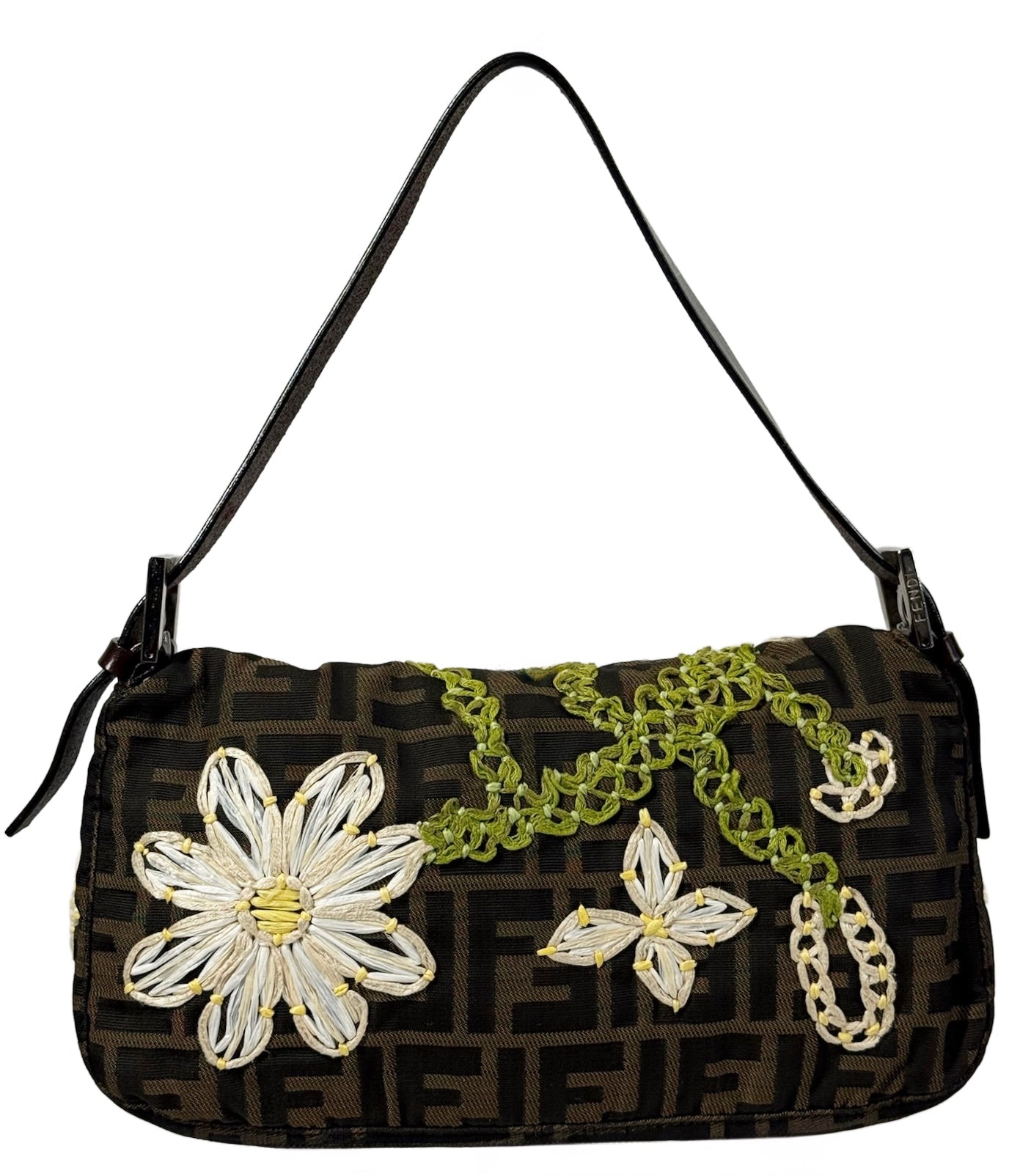 Fendi Vintage Brown Monogram Floral Embroidered Tulle Zucca Monogram Shoulder Baguette Bag