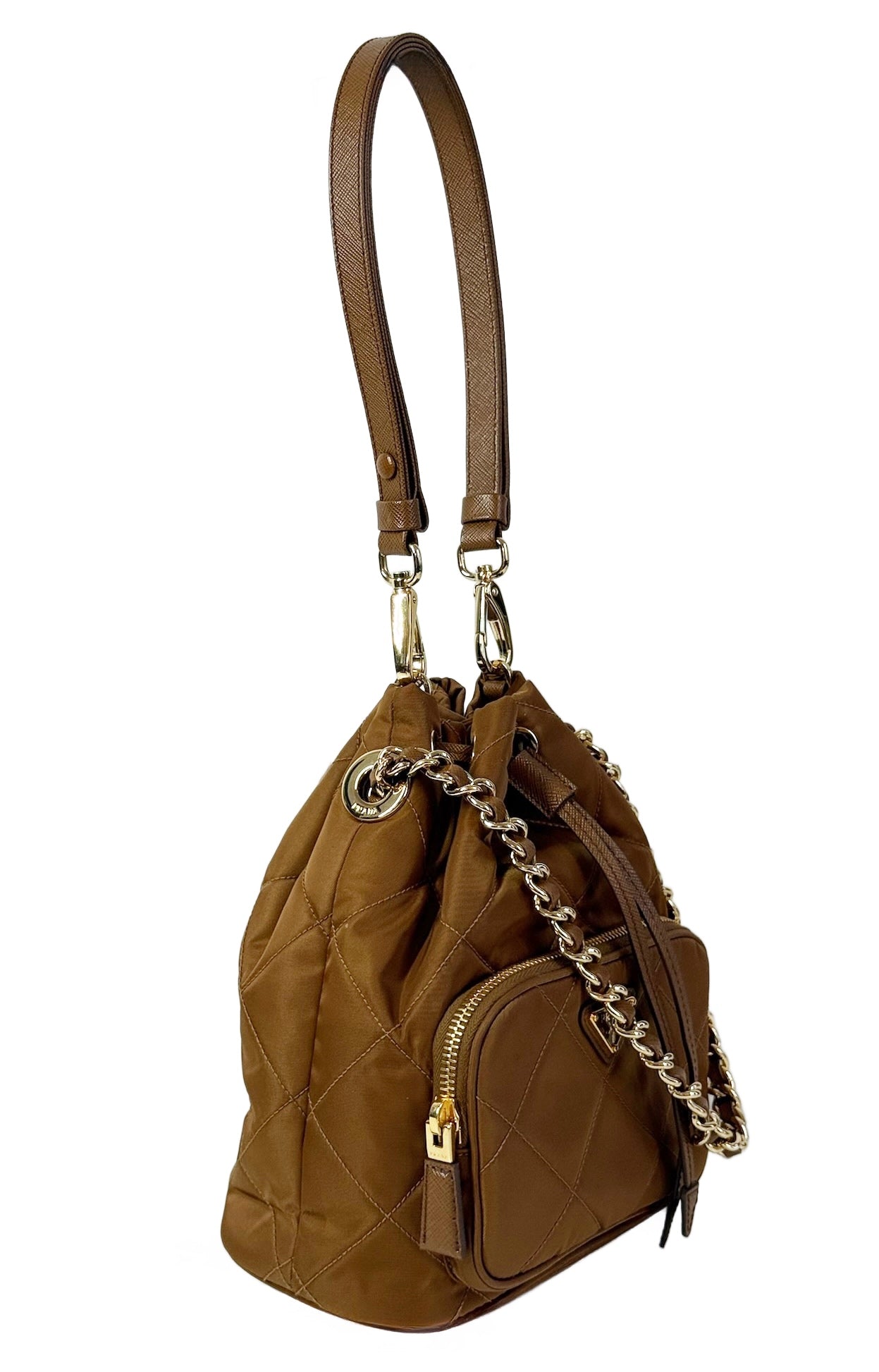 Prada Light Brown Quilted Nylon Small Drawstring Bucket Shoulder Bag