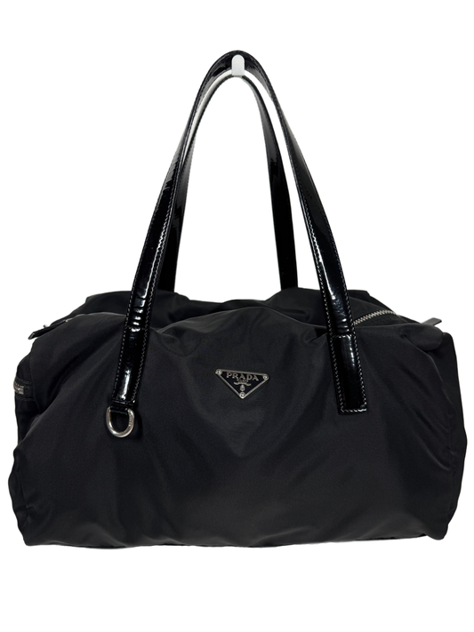 Prada Vintage Small / Medium Black Tessuto Nylon Top Handle Bag with Patent Leather Trim