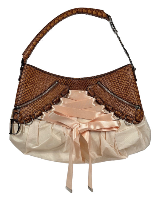 Dior by John Galliano Vintage 2004 Pink Nylon Satin Lace Up Ballerina Corset Bag w Brown Snakeskin Trim