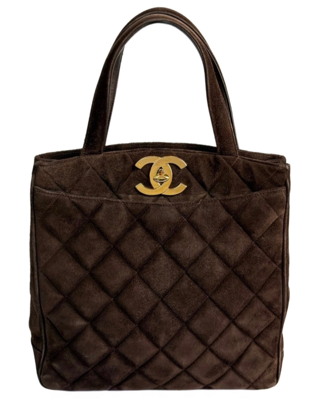 Chanel Vintage 90s Brown Quilted Suede Jumbo CC Matelasse Top Handle Tote Bag