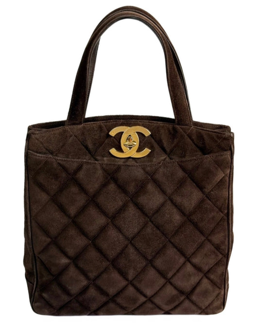 Chanel Vintage 90s Brown Quilted Suede Jumbo CC Matelasse Top Handle Tote Bag