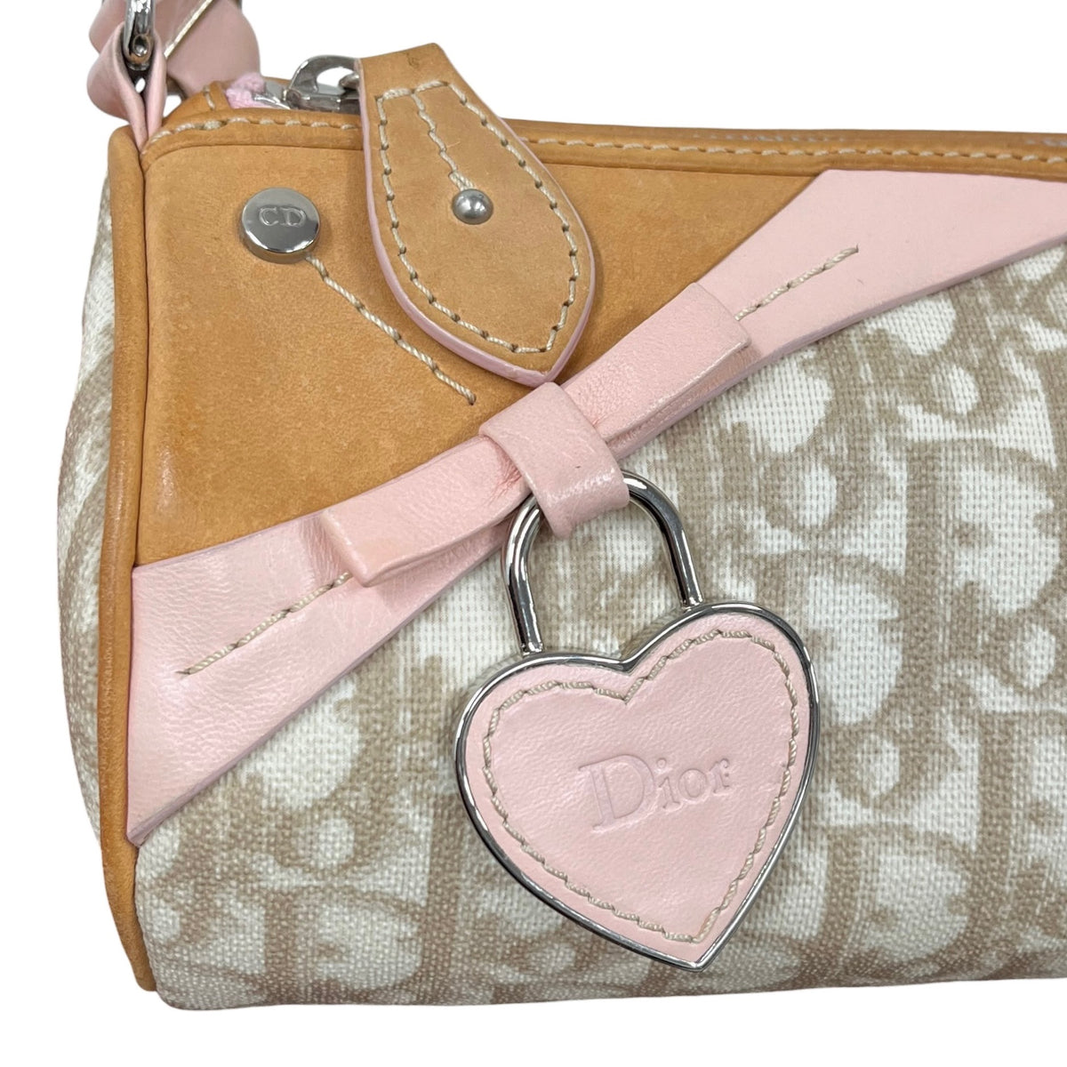 Dior Vintage 2007 Beige Diorissimo Monogram Romantique Pink Heart Mini Barrel Pochette Bag