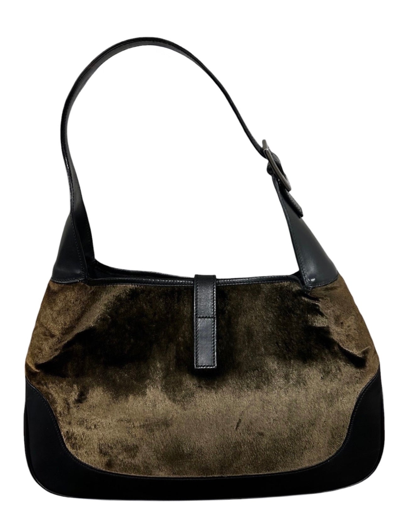 Gucci Vintage Dark Green Velour Black Leather Trim Medium Jackie Shoulder Bag