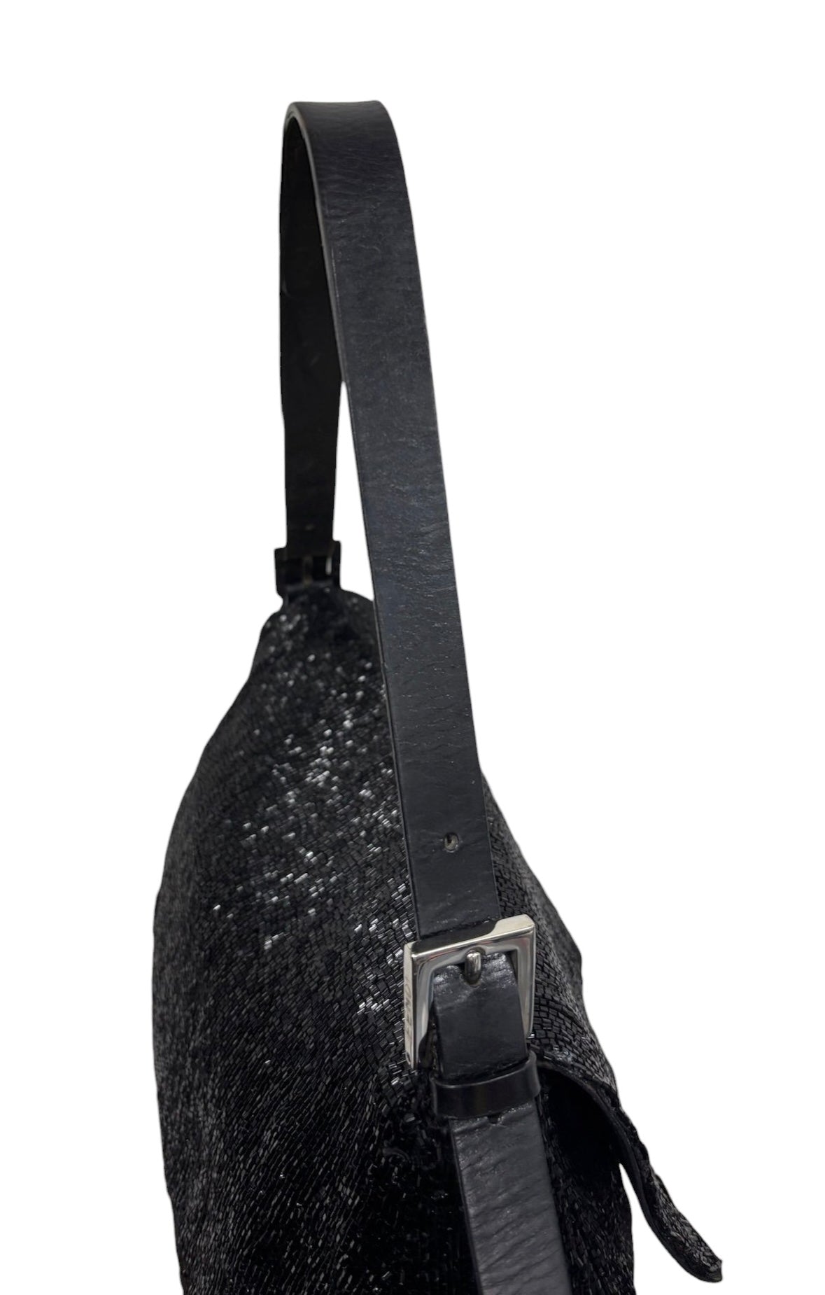 Fendi Vintage Black Beaded Leather Trim Mamma Baguette Shoulder Bag