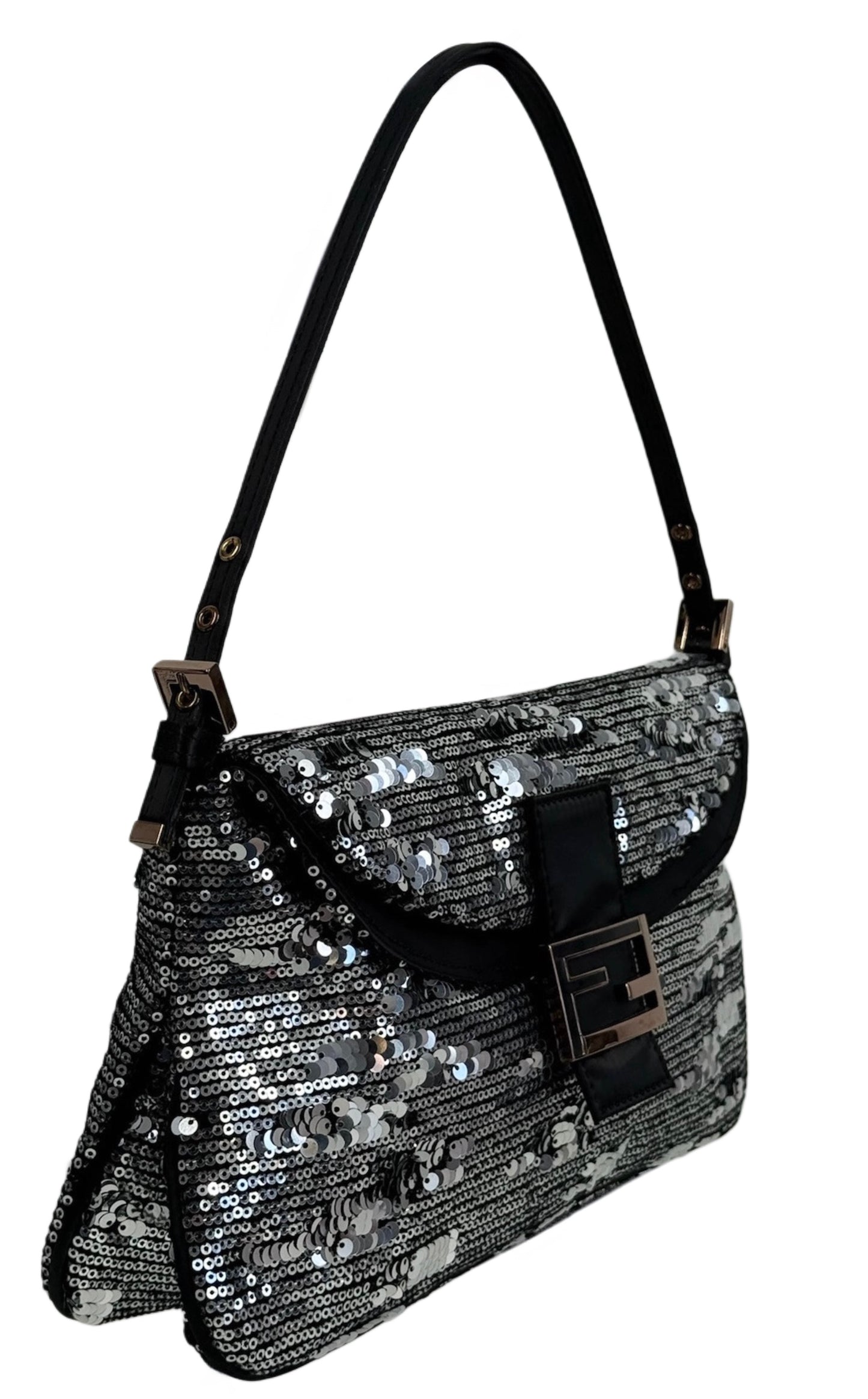 Fendi Vintage Silver Sequin Black Satin Trim Double Flap Baguette w Rose Gold Hardware