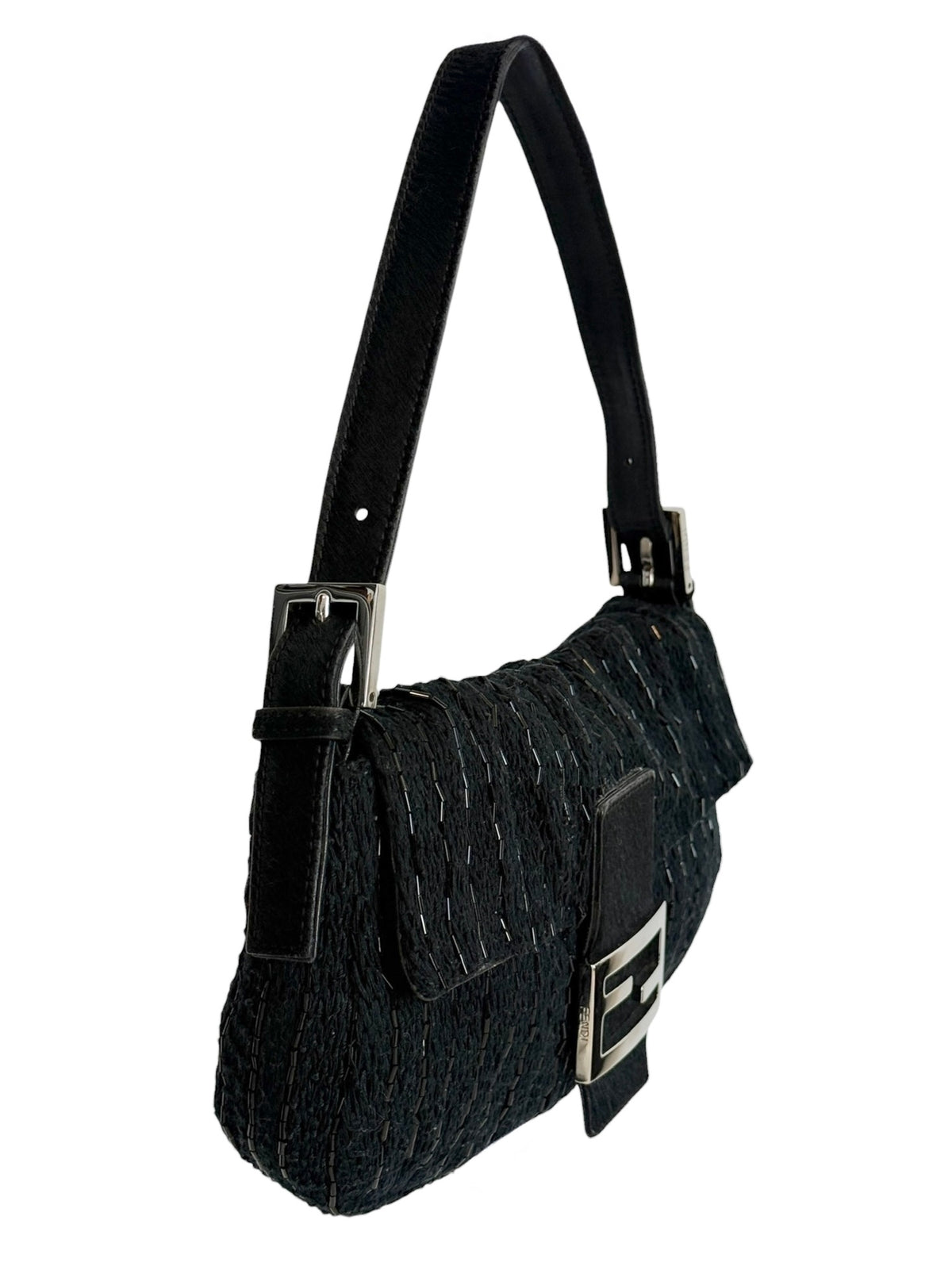 Fendi Vintage Black Knit Striped Beaded Embroidered Shoulder Baguette Bag with Pony Hair Trim