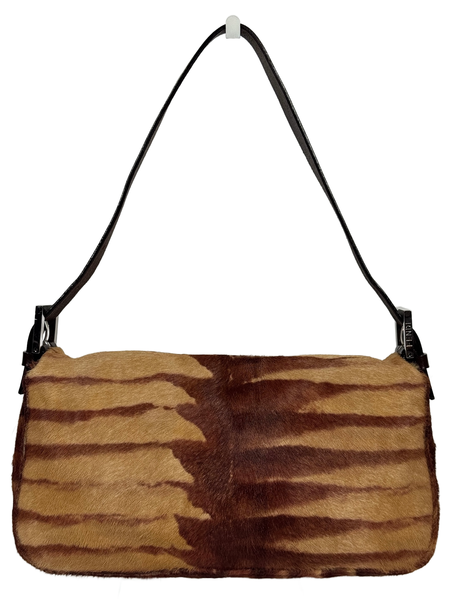 Fendi Vintage Brown Giraffe Print Pony Hair Shoulder Baguette Bag