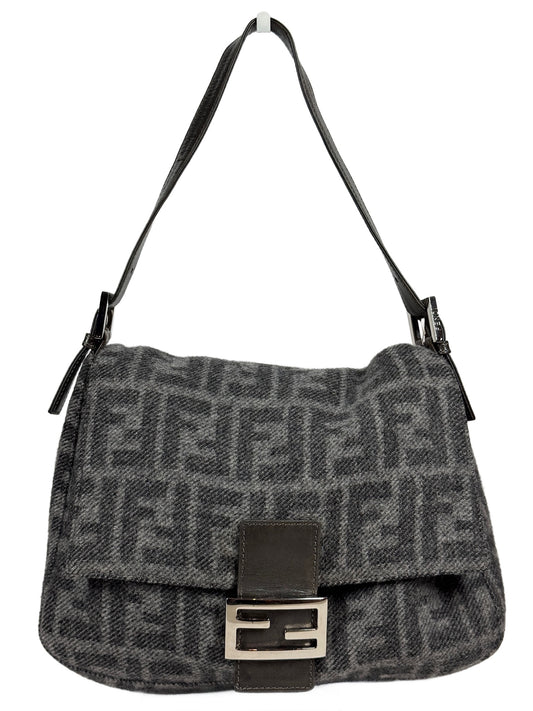 Fendi Vintage Gray Zucca Monogram Knit Wool Mamma Baguette Shoulder Bag