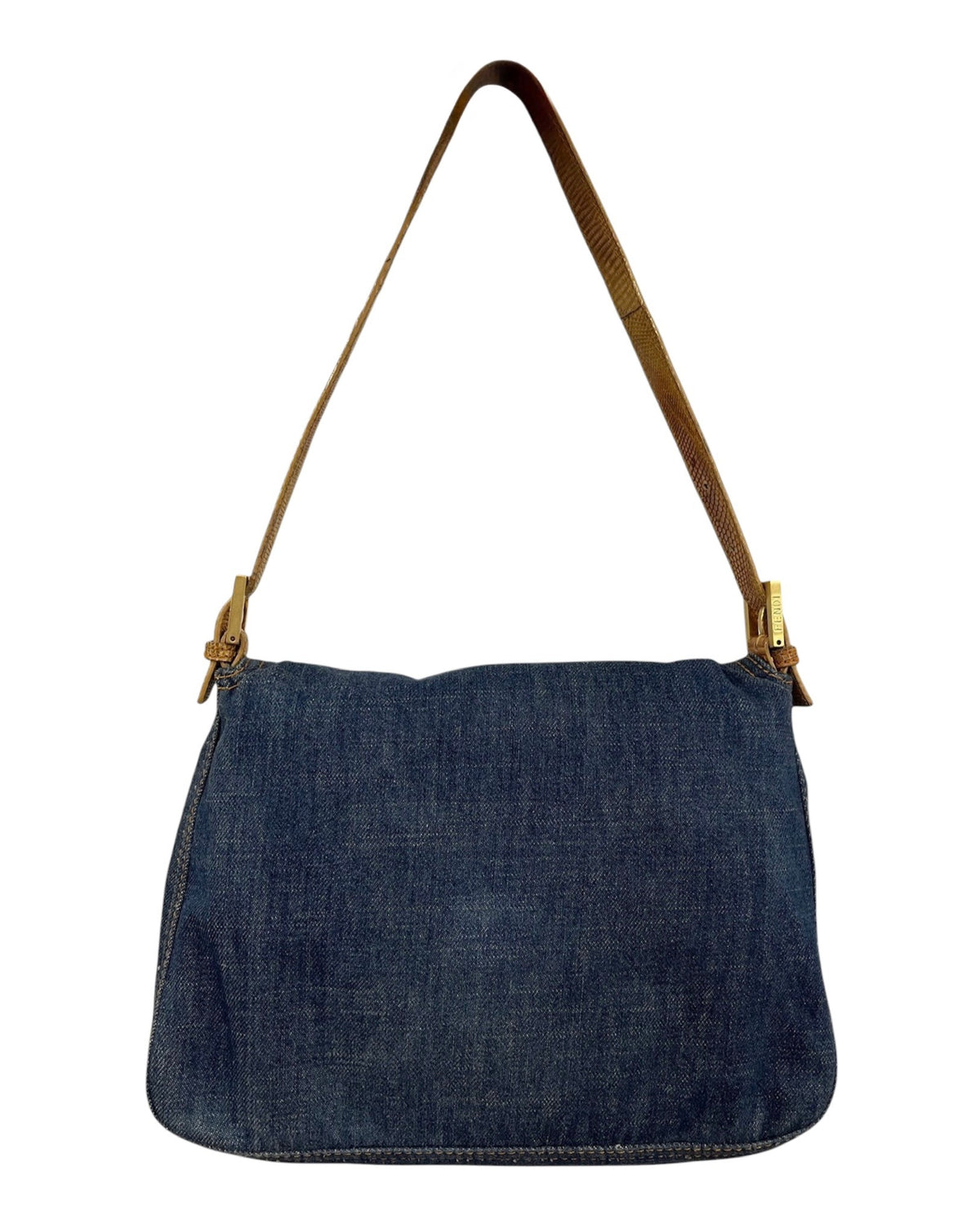 Fendi Vintage Blue Denim Beige Lizard Trim Mamma Shoulder Baguette Bag