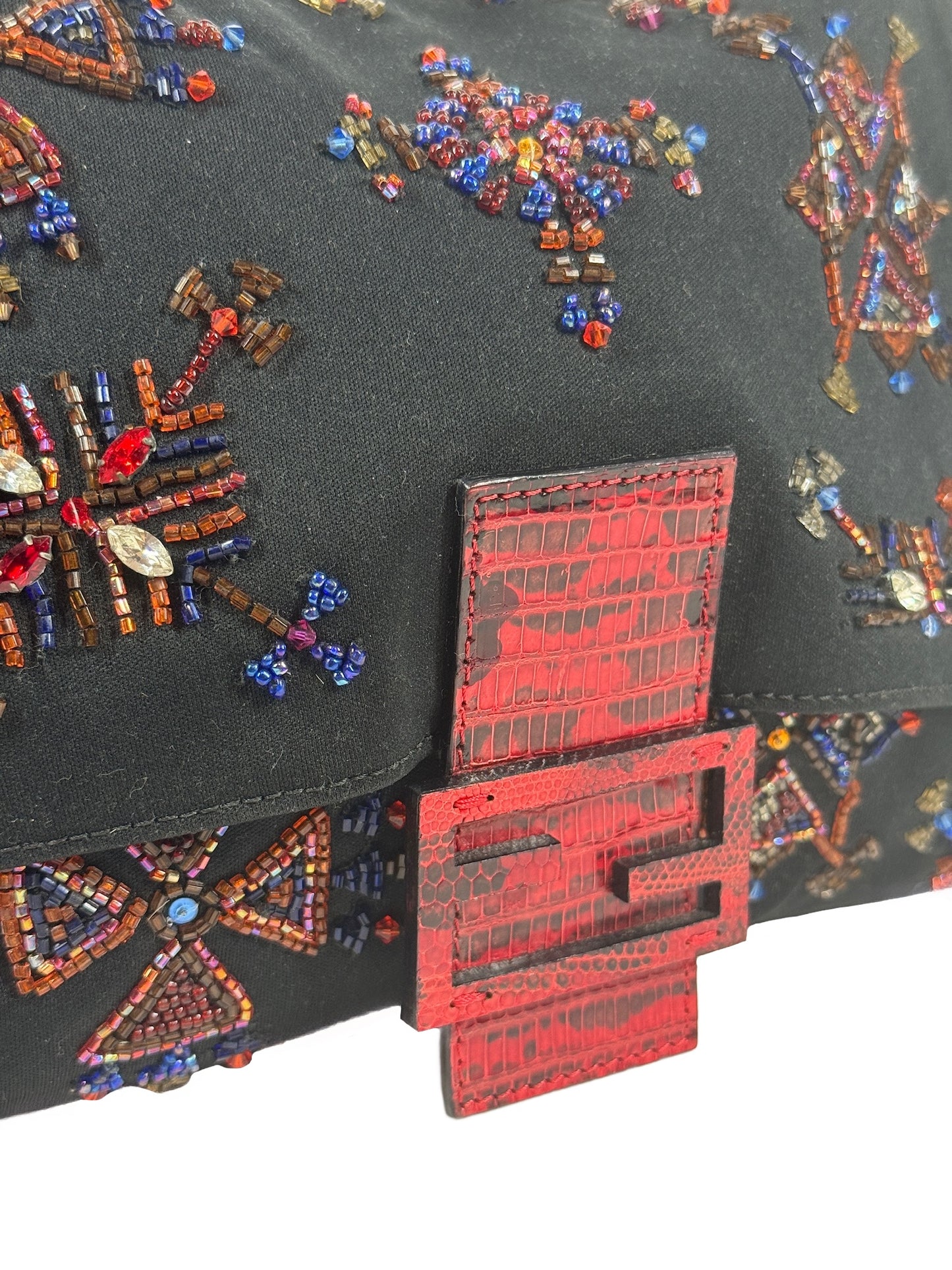 Fendi Vintage Black Nylon Embroidered Beaded Aztec Red Lizard Trim Mamma Baguette Shoulder Bag