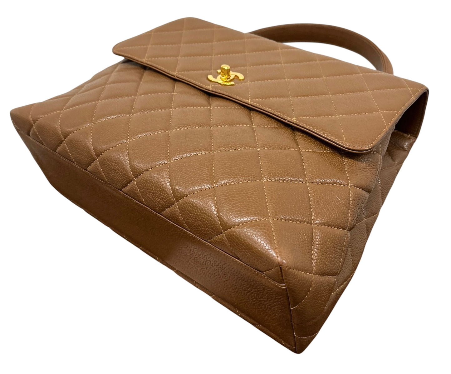 Chanel Vintage 90s Light Brown Quilted Caviar Medium Kelly Top Handle Flap Bag with 24K GPHW 
