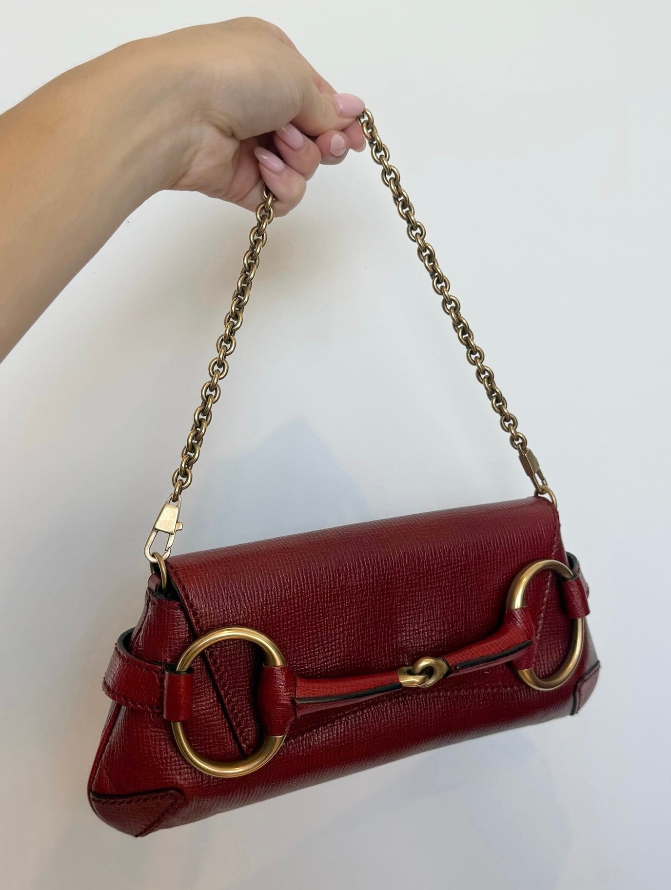 Gucci Vintage Red Leather Small Horsebit Shoulder Clutch Bag