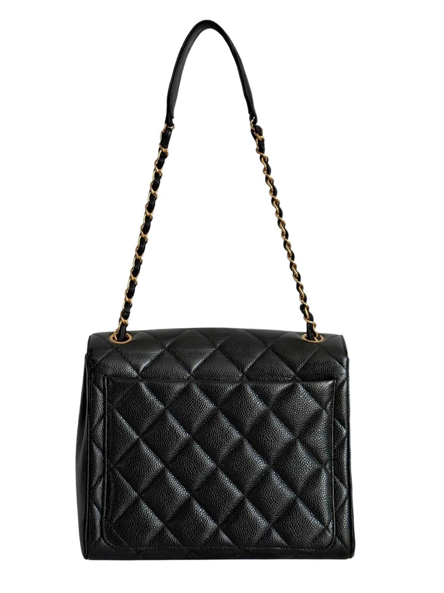 Chanel Vintage 90s Black Quilted Caviar Leather Medium Square Flap Shoulder Bag with 24K GPHW