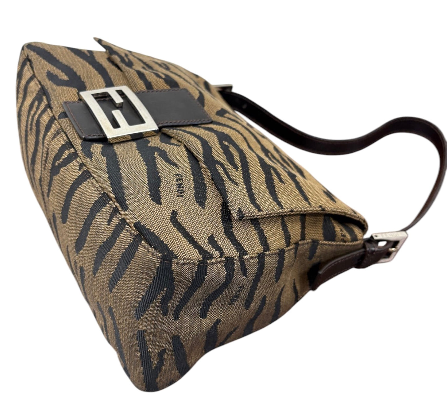 Fendi Vintage Brown & Black Zebra Print Canvas Mamma Baguette Shoulder Bag