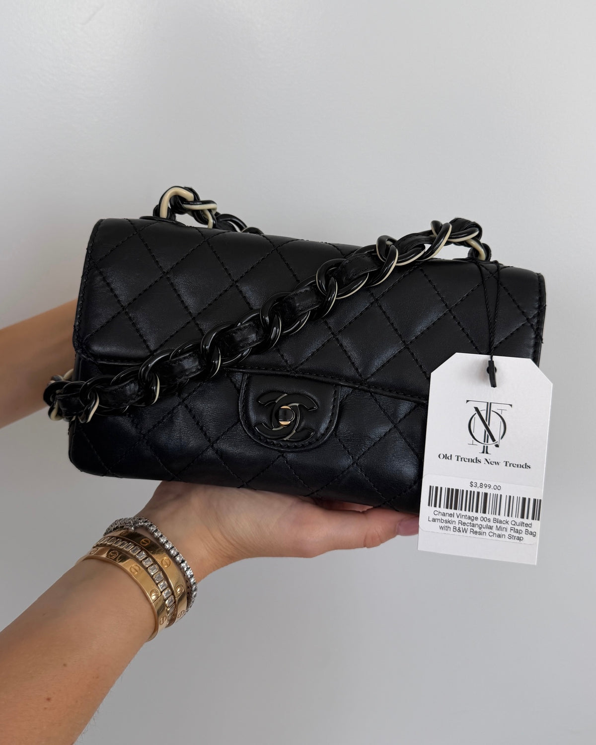 Chanel Vintage 00s Black Quilted Lambskin Rectangular Mini Flap Bag with B&W Resin Chain Strap
