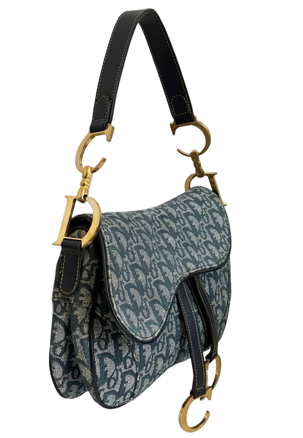Dior Vintage 2002 Blue Trotter Monogram Double Saddle Bag