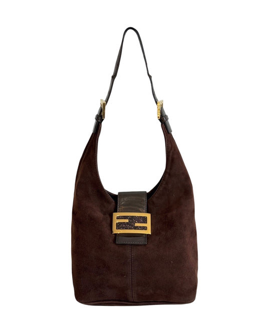 Fendi Vintage Brown Suede Hobo Bucket Shoulder Baguette Bag with Purple Glitter Logo