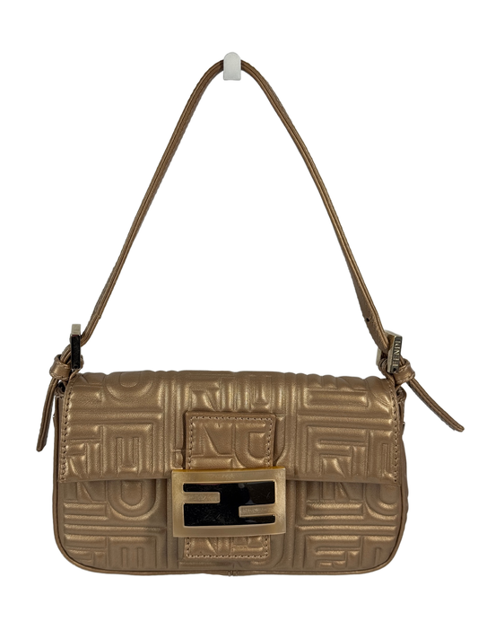 Fendi Metallic Gold Nappa Embossed Logo Leather Mini Baguette Pochette Shoulder Bag