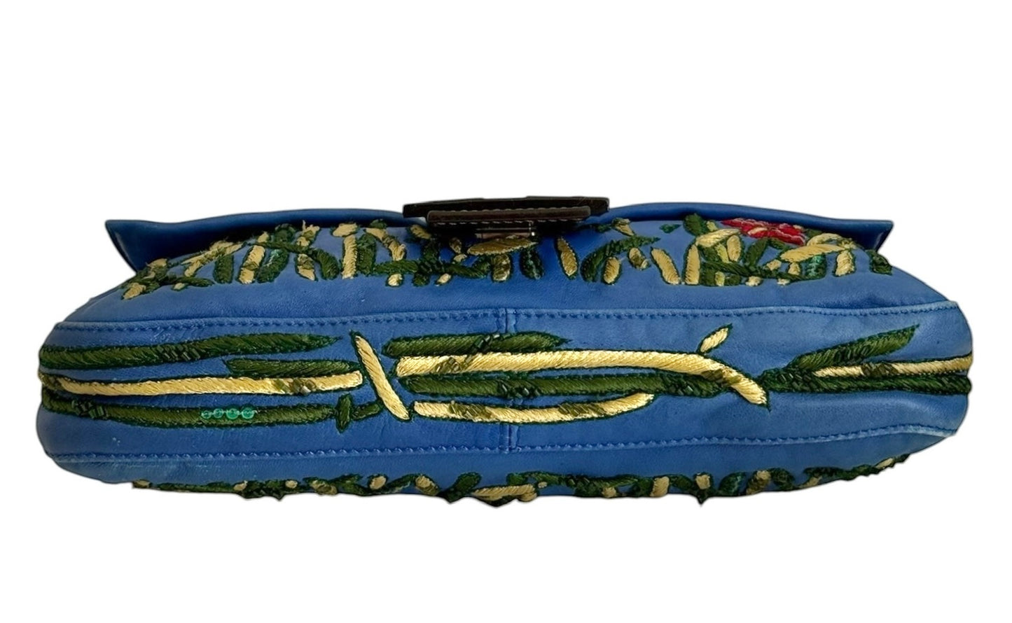 Fendi Vintage Blue Lambskin Floral Embroirdered Beaded Sequin Shoulder Baguette Bag 