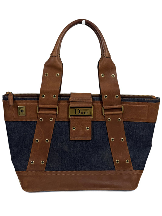 Dior Vintage 2002 Blue Denim & Brown Leather Street Chic Shopper Shoulder Tote Bag