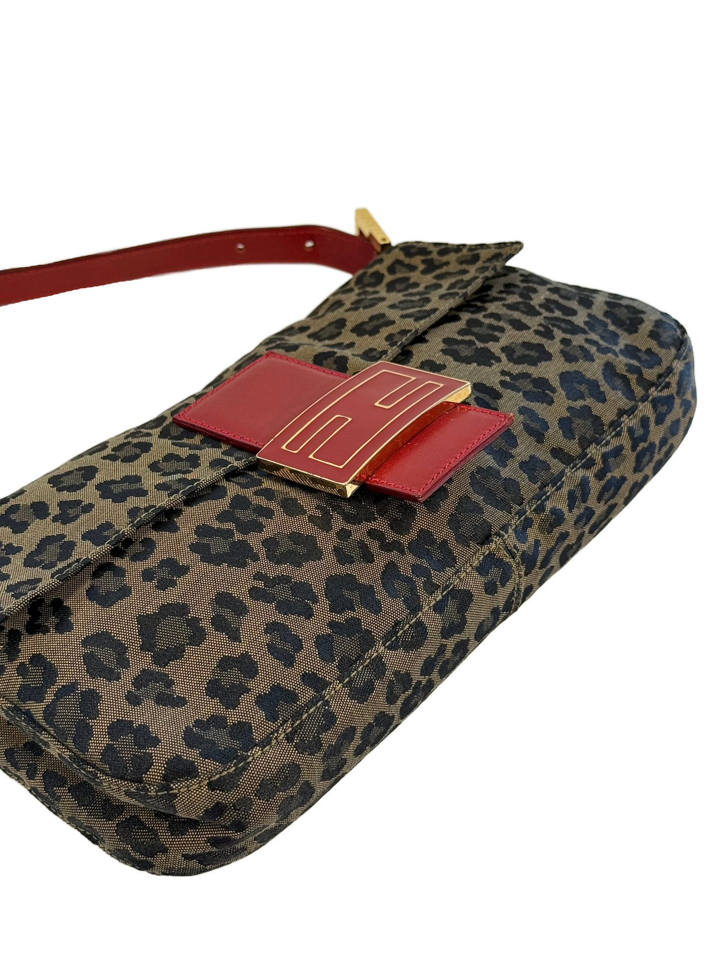 Fendi Vintage Brown Leopard Canvas Red Leather Trim Baguette