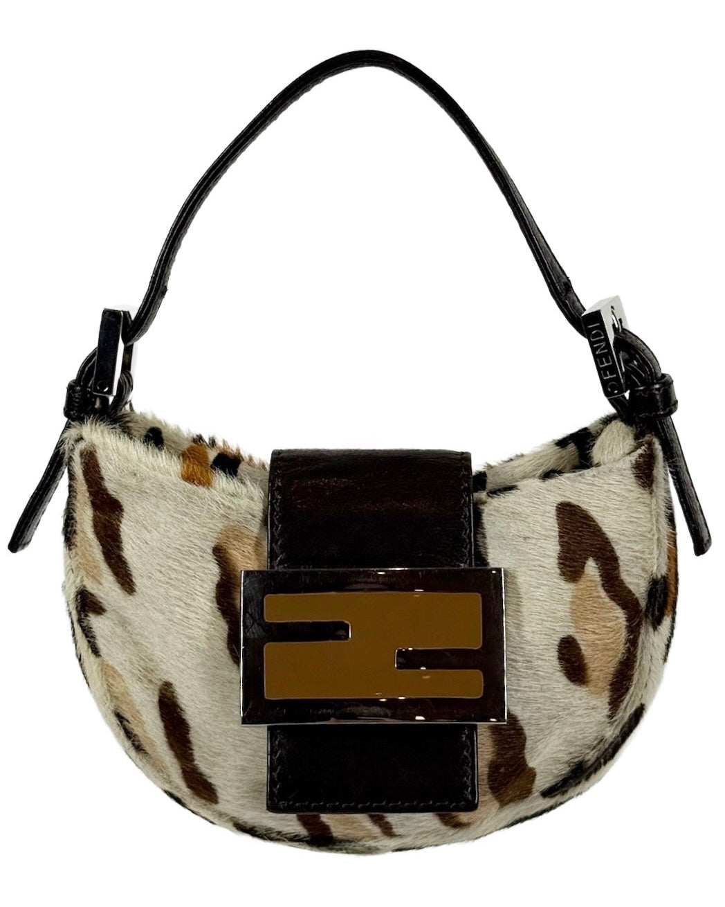 Fendi Vintage White Leopard Print Pony Hair Mini Croissant Baguette