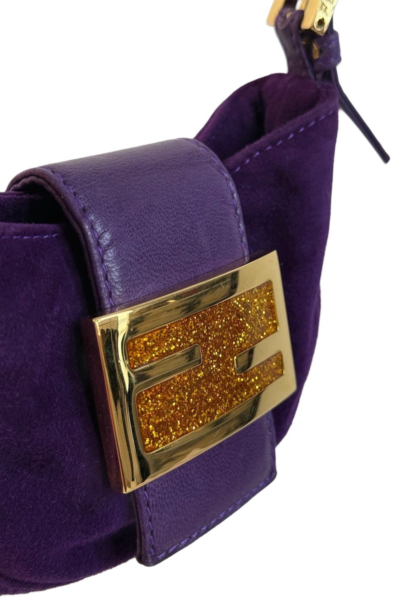 Fendi Vintage Purple Suede Gold Glitter Logo Mini Croissant Baguette Bag