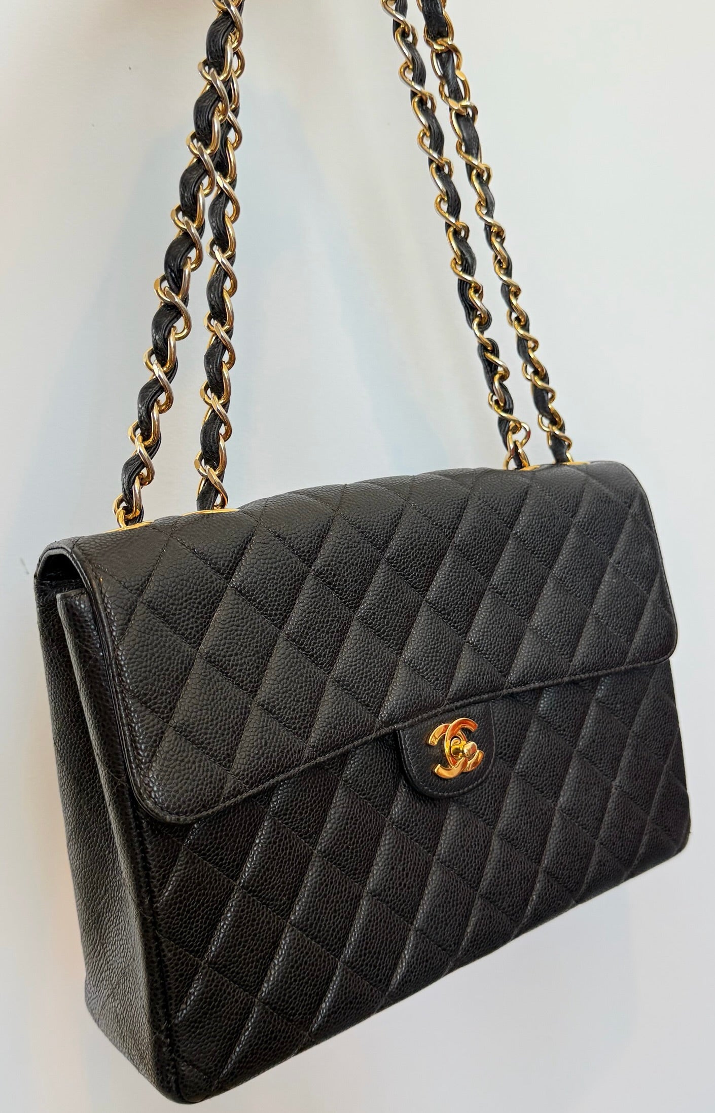 Chanel Vintage 00s Black Quilted Caviar Maxi Classic Single Flap Bag with 24K GPHW
