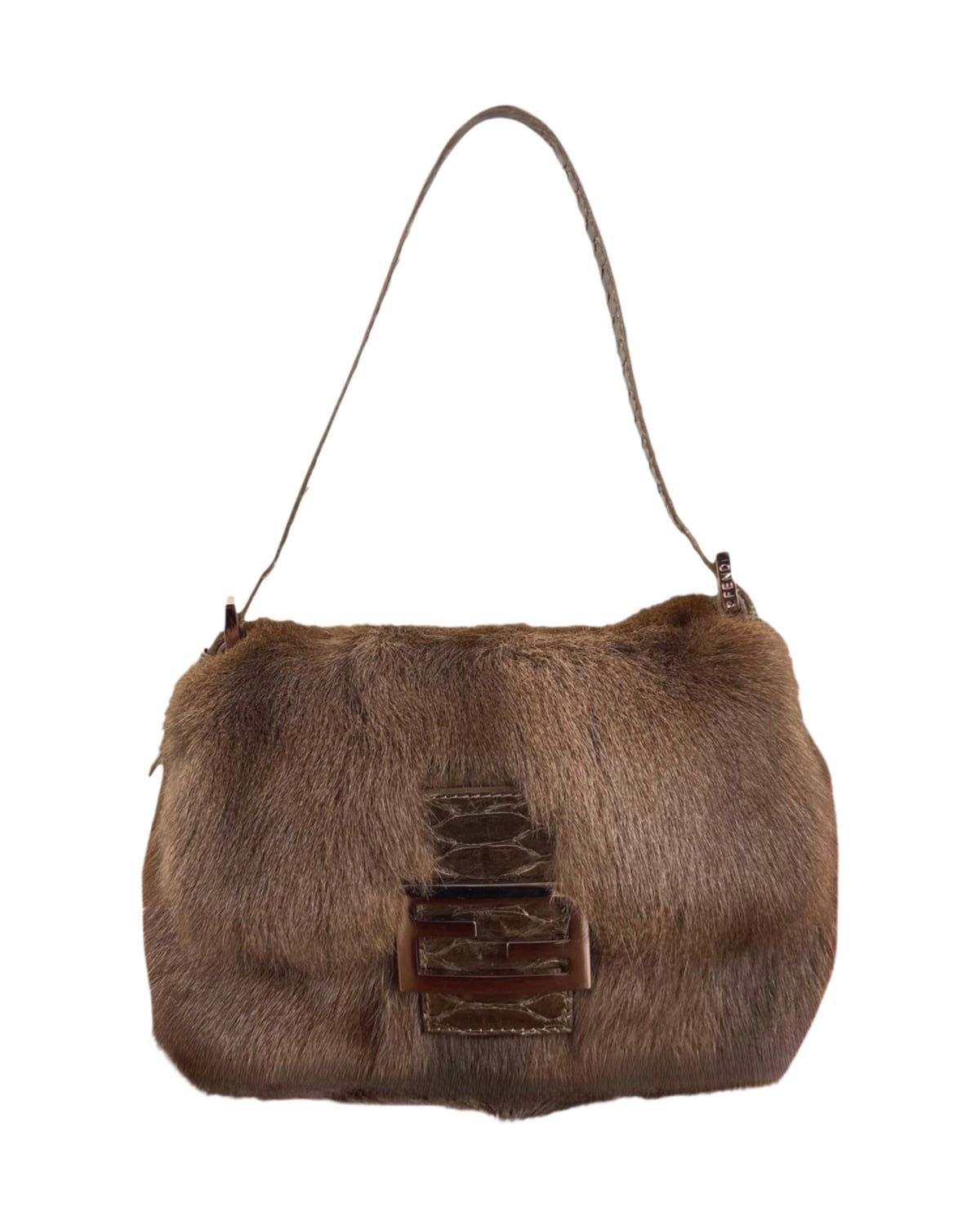 Fendi Vintage Brown Rabbit Fur Python Trim Mini Mamma Shoulder Baguette Bag