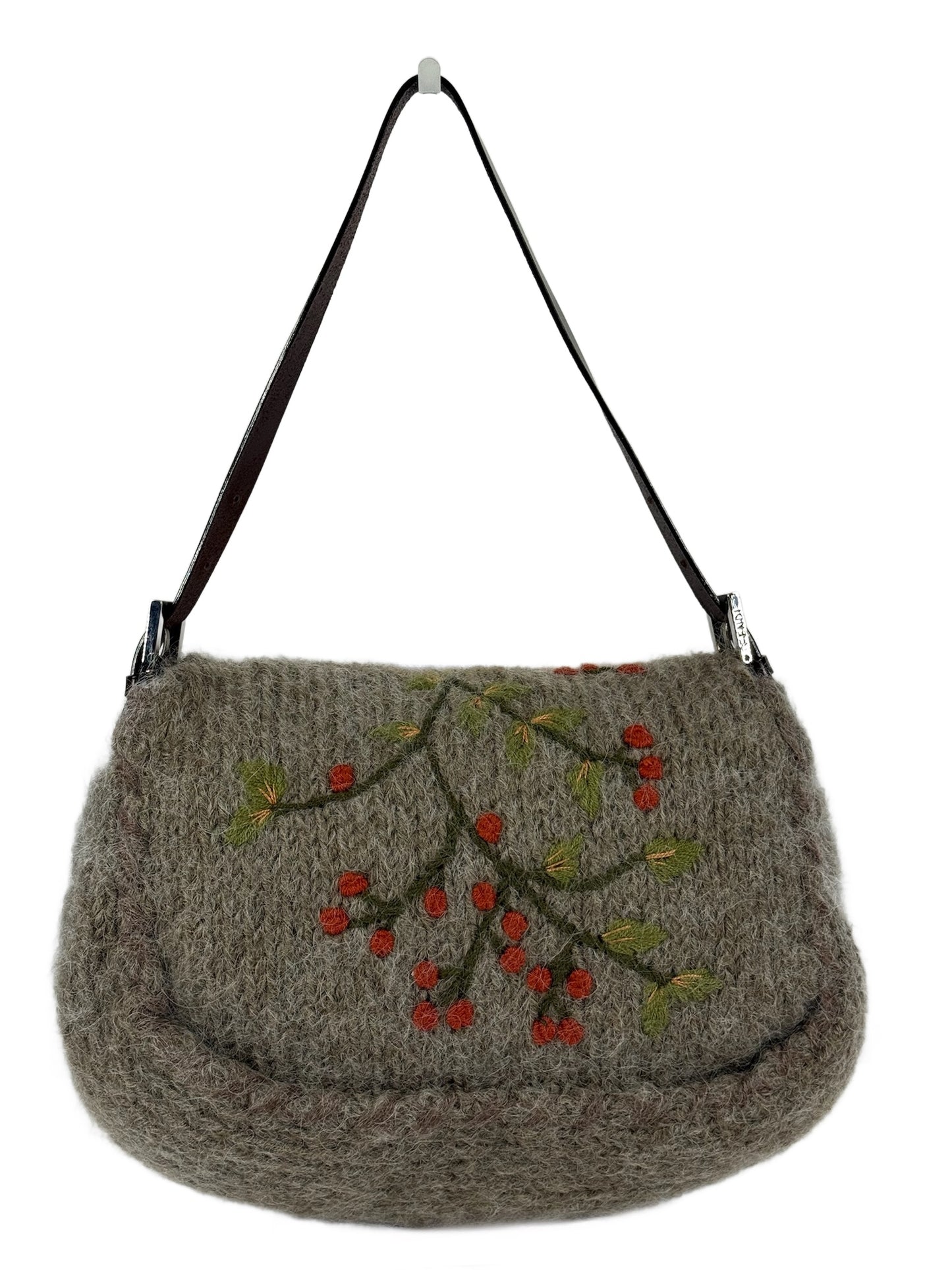 Fendi Vintage Grey Wool Knit Cherry Embroidered Shoulder Mamma Baguette Bag