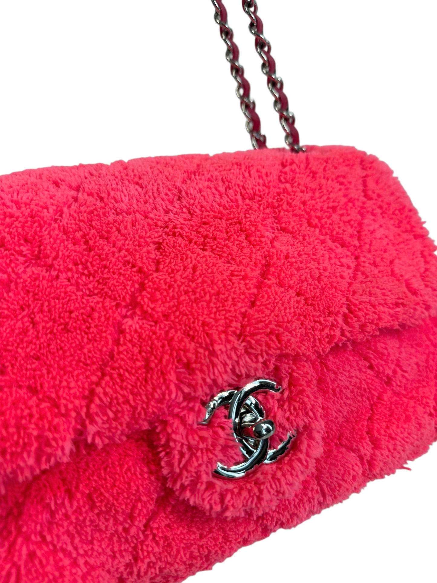 Chanel 2019 Neon Pink Terry Cloth Medium Shoulder Flap Bag
