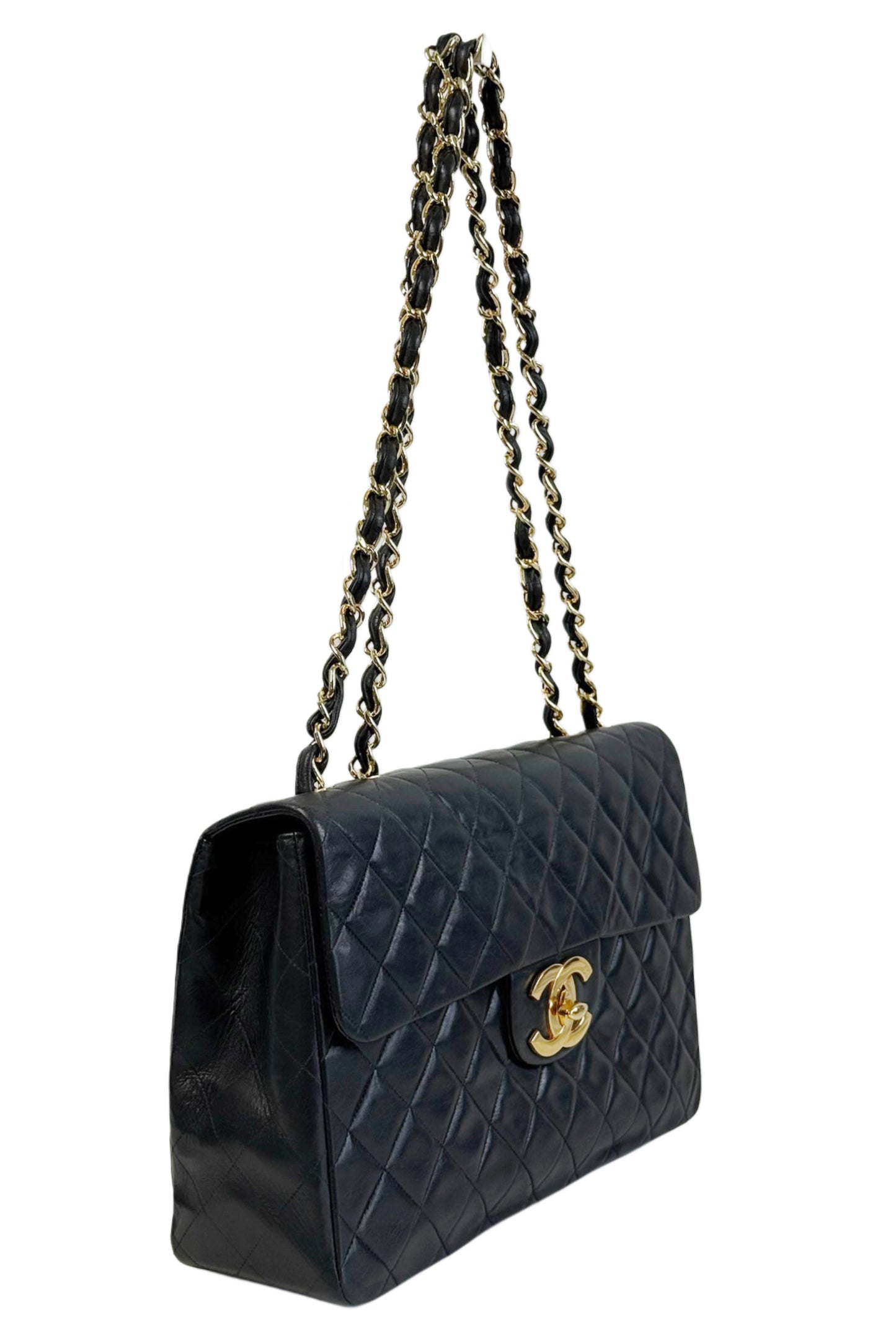 Chanel Vintage 90s Black Quilted Lambskin Jumbo XL Maxi CC Shoulder Classic Flap Bag