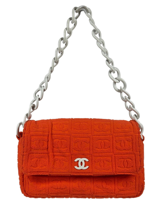 Chanel Vintage 00s Orange CC Logo Terry Cloth Sport Line Flap Bag w White Resin Chainlink Hardware